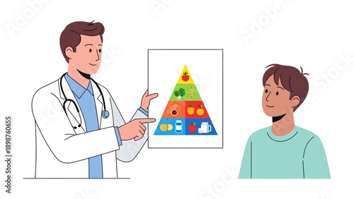 Nutritional Consultation: A doctor explains a balanced diet to his patient, illustrating the components of a healthy nutritional plan, ensuring a path to wellness.
