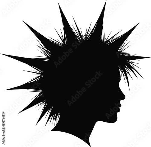 Black Silhouette Illustration of a Person with Extreme Spiky Punk Hairstyle Side Profile View for Subculture Fashion and Music Branding