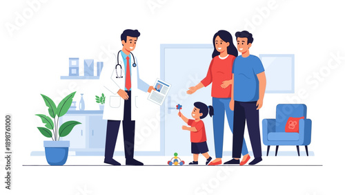 Healthcare Harmony: A family, guided by a compassionate doctor in a modern clinic, engages in a discussion about health. Emphasizing trust, care, and the importance of well-being