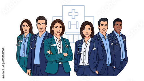 Healthcare Heroes: A team of dedicated medical professionals, standing united in front of a hospital, embodying expertise and compassion.