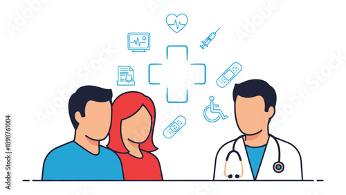 Health Consultation: A medical professional engages in a consultation with two patients, symbolizing patient care and the medical field. The scene evokes trust and communication.