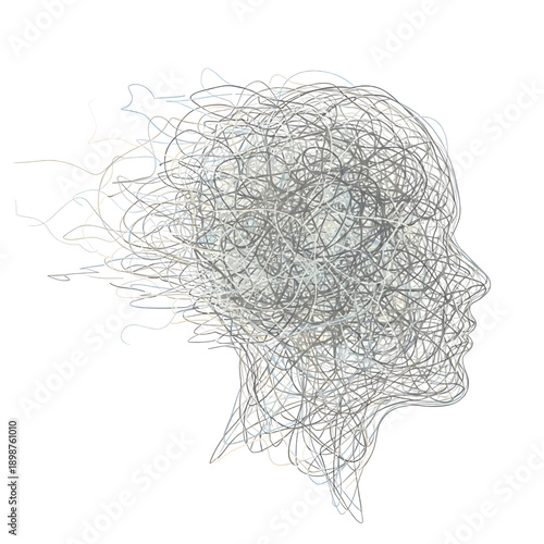 Chaotic thoughts swirling in a person's mind with tangled lines