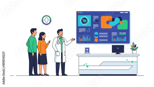 Medical consultation and discussion: In a sterile, modern clinic setting, a knowledgeable doctor presents data to couple.