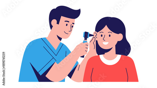 Ear Examination: A healthcare professional examines patient ear using medical instrument in medical clinic.