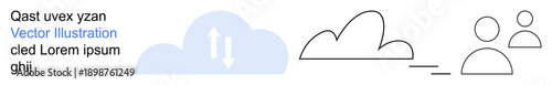 Cloud computing, data transfer, team collaboration, remote communication, networking, shared access. Minimalist icons of clouds and people. Cloud computing and data transfer concept