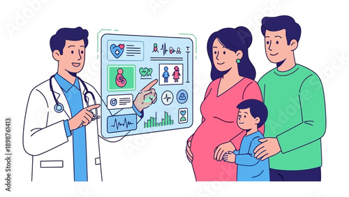 Prenatal Consultation: A caring doctor guides a young family through the intricacies of prenatal care, with a vibrant display of health data in the background.