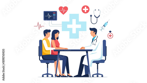 Health Consultation: A doctor is having a health consultation with a couple, surrounded by medical icons, embodying a visual representation of healthcare and wellness.