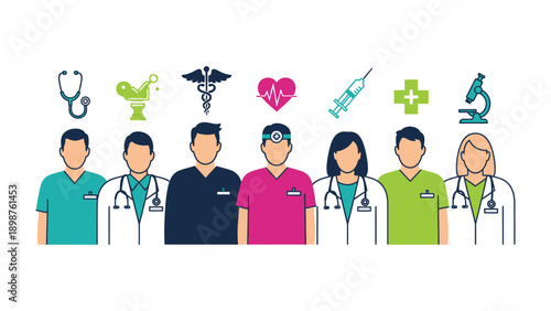Healthcare Professionals Unite: A collection of skilled medical professionals, representing various specializations, stand together, embodying compassion and expertise, a symbol of dedication.