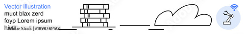 Cloud technology, automation, wireless communications, data management, industrial robotics, server systems. Stack of servers, cloud symbol and robotic arm with wireless signal. Cloud technology