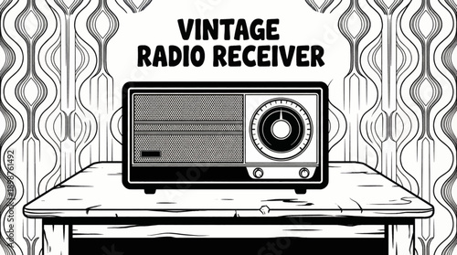 Vintage Radio Receiver Household Object Retro Black and White Background Vector Illustration