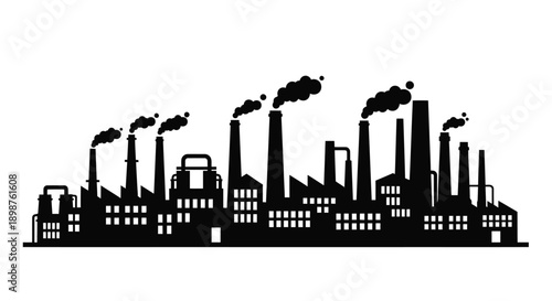 Industrial skyline depicting factories emitting smoke into the atmosphere