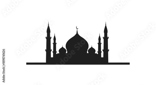 Silhouette of a mosque with minarets and a central dome