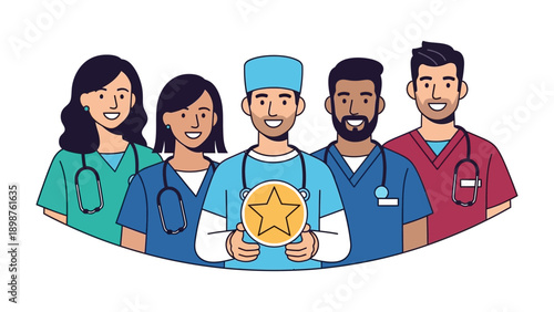 Healthcare Heroes: A team of dedicated medical professionals, radiating positivity and expertise, proudly display a star-shaped emblem, symbolizing excellence and commitment to care.