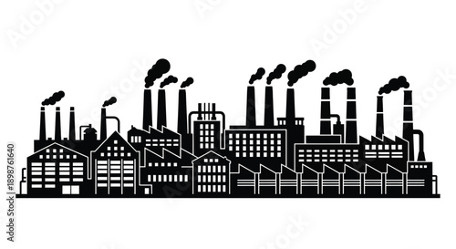 Industrial cityscape with smokestacks and factory buildings in black and white