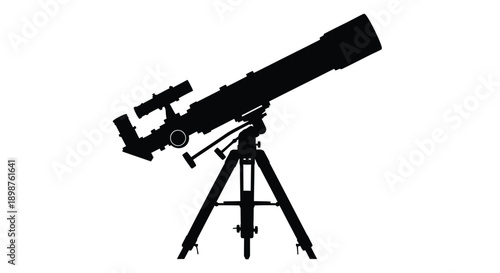 A black silhouette of a refracting telescope on a tripod stand