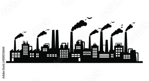 Industrial cityscape with numerous smokestacks emitting pollution into the air