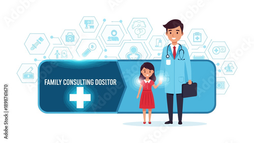 Medical Professional and Child: A doctor and a child stand together, symbolizing healthcare and wellness, accompanied by health icons in the background.