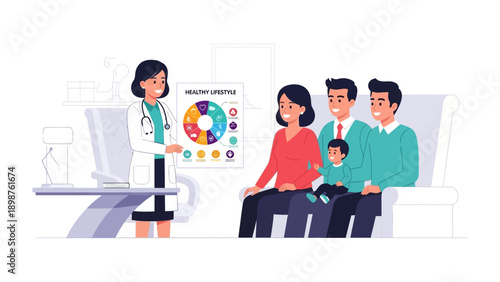 Wellness Consultation: A medical professional engages in a consultation with a family of three, providing guidance and insights into their healthcare needs