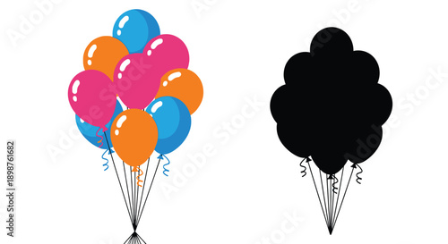 Colorful balloons and a black silhouette of balloons on white background