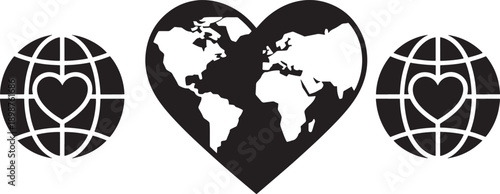 Heart shaped map with globe black and white symbols