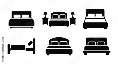 Black silhouettes of various bed types and bedroom furniture icons