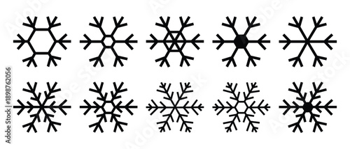 Set of snowflakes doodles. Collection of snowflake icons. New Year and Christmas attributes. Weather element snowflake. Symbol of cold, snow, winter and snowfall. Isolated abstract raster, vector