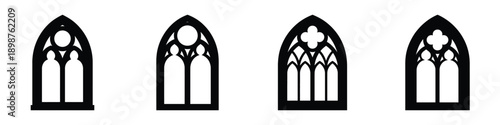 Gothic Arch Window Vector Set: Spooky Medieval Cathedral Frames for Horror, Halloween, and Dark Fantasy Design - Silhouette Lancet Windows with Tracery and Quatrefoil Accents