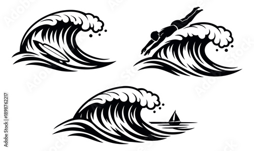 Stylized ocean waves set featuring a surfboard, a diver, and a sailboat for summer and marine designs