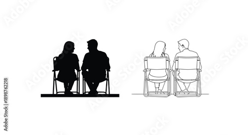 Silhouette of two pairs of people seated in outdoor folding chairs