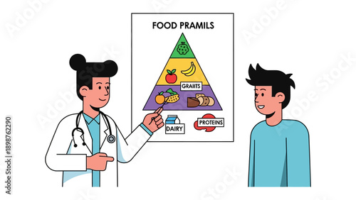 Nutritional Guidance: A medical expert guides a young man about a food pyramid illustration, highlighting balanced nutrition and the advantages of a well-rounded diet. 