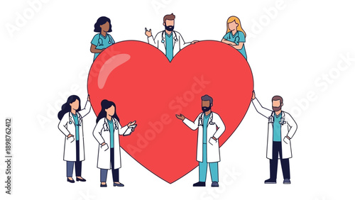 Medical Professionals United: A heart symbol, representing care and unity, is embraced by a team of diverse medical professionals, embodying the spirit of healthcare and compassion. 