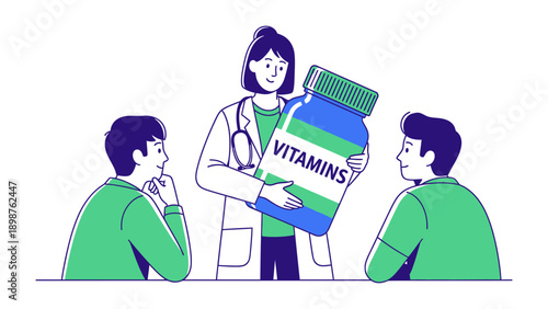 Doctor Explaining Vitamins: A doctor explains vitamins to the patients, illustrating a health and well-being conversation, centered on the importance of these essential nutrients.