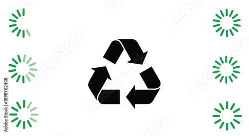 Recycling symbol with surrounding circular green elements on white