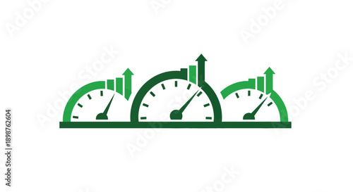 Green speedometers with upward trending arrows indicating growth and performance