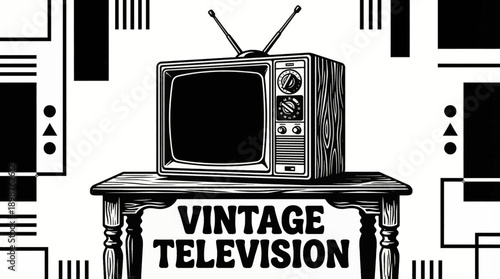 Vintage Television Set Household Object Retro Black and White Background Vector Illustration
