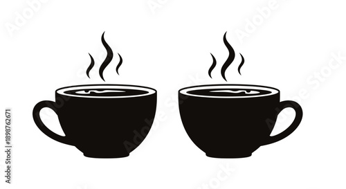 Two black coffee cups with rising steam a simple graphic illustration