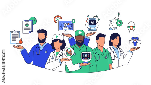 Healthcare Innovators: Medical professionals showcase the future of patient care with a blend of advanced technology and human expertise, symbolizing progress and innovation.