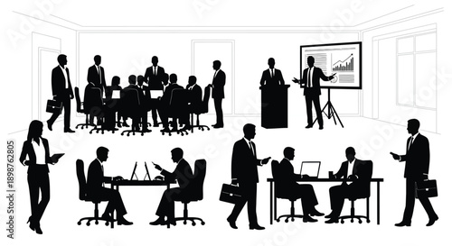 A business meeting in progress with a presenter and seated attendees