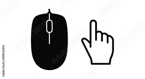 A black outline of a computer mouse and a hand pointing at it