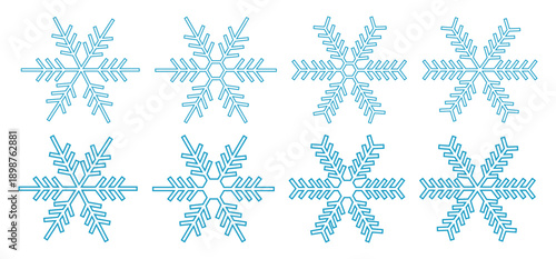 Set of snowflakes doodles. Collection of snowflake icons. New Year and Christmas attributes. Weather element snowflake. Symbol of cold, snow, winter and snowfall. Isolated abstract raster, vector