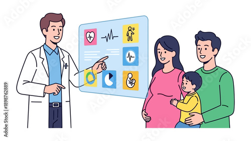 Prenatal consultation: A healthcare professional presents a couple with a small child with health data during a prenatal consultation.