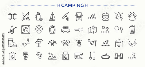 Set of Camping line icon. Featuring camp, kayak, fishing, campfire, hiking, tourism and more. Thin icons set. Tour icon set. Pixel perfect. Editable vector.
