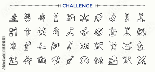 Challenge icon set. Simple line vector icons. Strategy icon set. Contain linear sign development, achievement, difficulty, exam, performance and more.