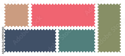 Colorful Postage stamp set. Blank postage stamps with empty paper design. Post stamp frame and border. Rectangle shape frame with Vector zigzag objects for badge, sticker, photo. Vector illustration s