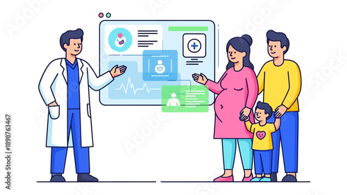 Family Consultation: A healthcare professional consults with a family, showcasing modern medical information on a screen. The scene exudes trust, care, and the importance of health awareness.