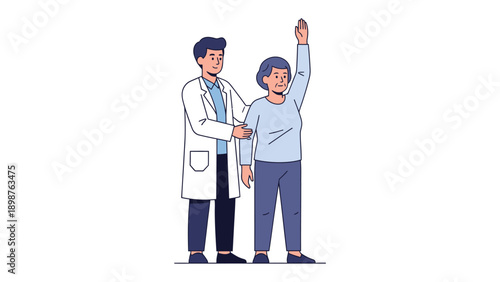 Physiotherapy Assistance: A therapist guides a patient through an arm-raising exercise, emphasizing the supportive interaction and rehabilitation process.
