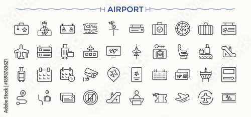Airport line icon set. It contains symbols to ticket, air, air bus, plane, transport, travel. Plane icon set in linear style. Minimal linear icons. Pixel perfect. Editable vector.