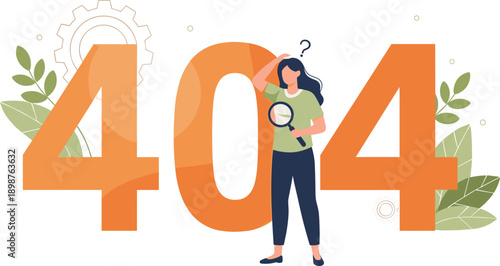Creative 404 error page illustration with confused character, magnifying glass, and modern design elements for website not found
