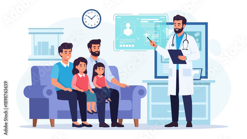 Family Health Consultation: A doctor explains the treatment plan to a family in a medical environment, fostering trust and care. 