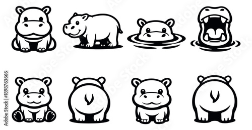 Cute line art hippo illustration set featuring different poses and expressions for animal-themed projects